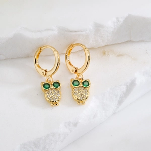 18K gold plated owl drop earrings with green rhinestone eyes and micro-set cubic zirconia