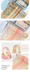 Detail of floral washi tape set with gold foil accents for journaling and DIY crafts