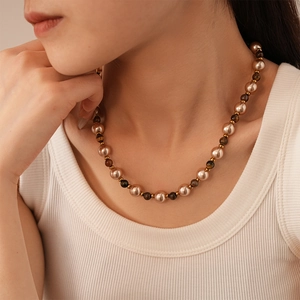 Maillard style tiger eye and faux pearl choker necklace with gold-plated vintage beads