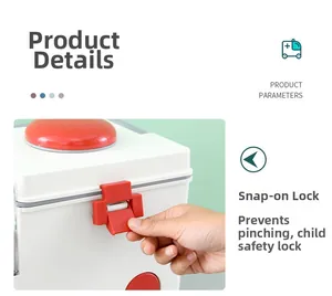 Detail of red bite-style latch on medicine box with anti-pinch and child-proof safety design