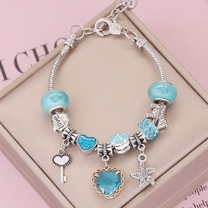 DIY Charm Bracelet Alloy Heart Star Key Pendant Glass Crystal Bead Snake Chain Fashion Jewelry For Women Gift