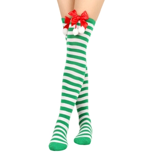 Detail of green and white striped over-knee socks with red satin bows and white pom-poms