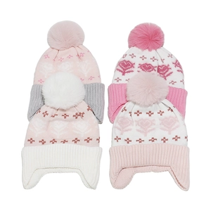 Kids Girls Winter Knitted Ear Protection Beanie Hat With Faux Fur Pom Poms Jacquard Flower Heart Pattern Acrylic Warm Hat