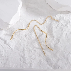 Elegant gold wave threader earrings with geometric spiral drop chains for women