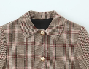 Close-up of brown plaid blazer collar featuring a vintage gold round button detail