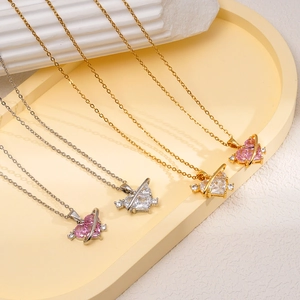 Parure collier cœur planète Saturne en or et argent avec zircons roses et blancs