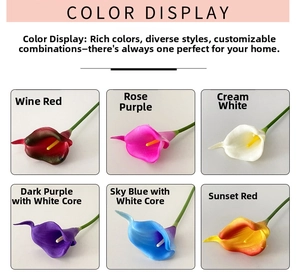 Detail showing artificial calla lilies in six vibrant colors for home floral decoration