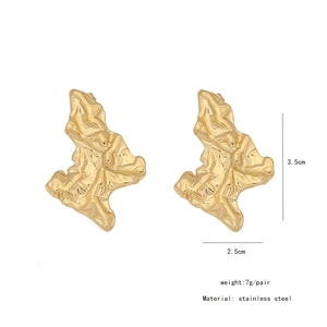 Detailed view of gold irregular geometric stainless steel earrings with texture and dimensions