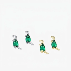 Cute Dinosaur Stud Earrings 925 Sterling Silver Green Cubic Zirconia Tiny Animal Jewelry For Women Girls