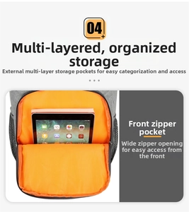 Detail of gray picnic backpack front zipper pocket with orange lining and tablet storage