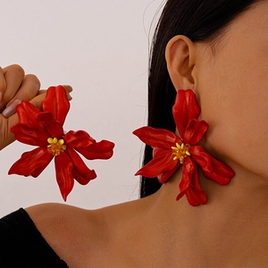 Exaggerated large red acrylic flower earrings with yellow beads for beach vacation