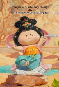 Detail of cute Tang Niu Dunhuang flying fairy figurine with colorful ribbons and ribbons