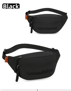 Detail view of black canvas waist bag featuring orange fashion strap and rope zipper pulls