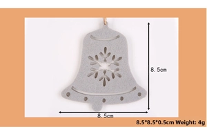 Detail view of bell-shaped grey felt Christmas ornament with snowflake cutout and 8.5cm size