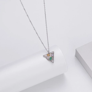 Detail of S925 silver necklace with triangle pendant and multicolor gemstones