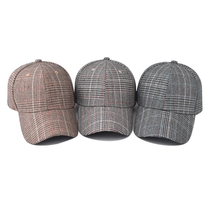 Set of three plaid baseball caps in brown, grey and blue wool fabric check patterns