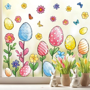 Vibrant Easter egg window clings with flowers and butterflies in a bright home setting