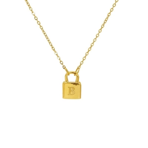 Minimalist gold necklace featuring a square padlock pendant with letter B on white background