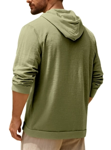 Back view of olive green hooded shirt showing cotton linen slub texture and clean cut