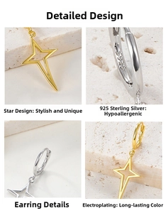 Detailed close-up of 925 sterling silver four-point star hoop earrings in gold and silver