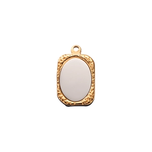 Polished gold rectangular pendant with hammered texture and white oval center inlay