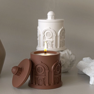 Classic European building candle jar with fine relief arches and dome lid detail