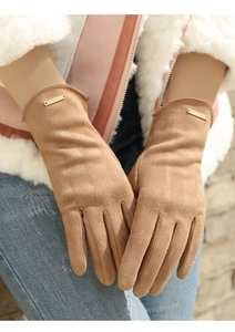 Detail of camel faux suede gloves for women featuring a gold rectangular metal accent