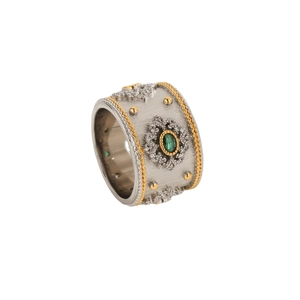 Vintage two-tone sunflower ring with green emerald zircon and floral engraving