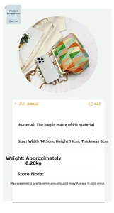 Size comparison and specifications of the geometric color-block shell bag with pearl chain