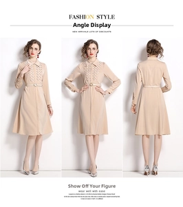 Detailed views of a beige long-sleeve shirt dress with woven chest details and belt