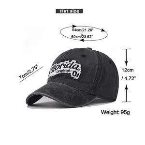 Size chart showing circumference, height and brim measurements for the Florida baseball cap