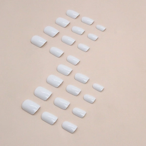 Short square pure white glossy press-on false nails set of 24 pieces for women