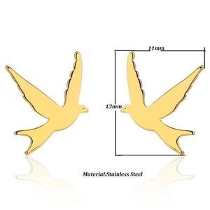 Minimalist gold bird stud earrings in stainless steel with 11mm x 13mm dimensions