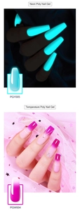 Dual view of neon glowing poly nail gel and pink temperature color change gel effects