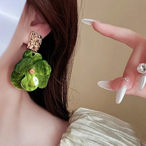 French retro acrylic green flower earrings with textured gold metal accents for women