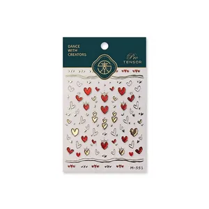 Star and red heart luxury nail stickers with gold wave lines and crown patterns M-551
