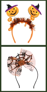 Detail of Halloween headbands featuring mesh pumpkin bow and glitter spider decorations