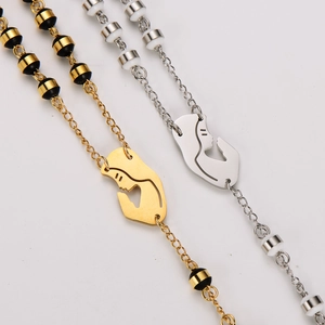 Gold and silver stainless steel beaded necklaces with abstract portrait pendants