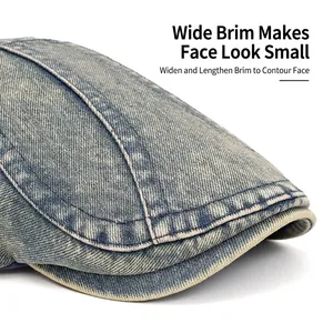 Retro washed denim flat cap for women with wide brim for face slimming effect