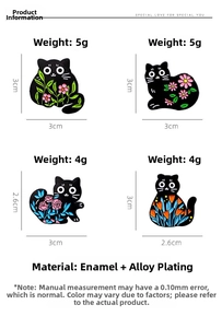 Detailed view of four black cat enamel pins featuring floral designs and precise dimensions