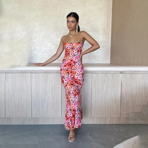Elegant floral print slim fit slip maxi dress for women in bright orange and pink tones