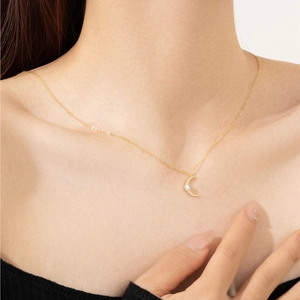 Elegant gold S925 silver crescent moon necklace with opal stone and sparkling diamonds
