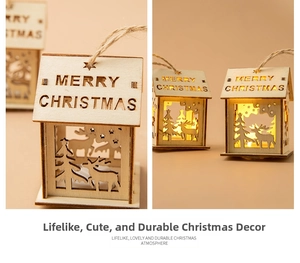 Detail of wooden Christmas house ornament with LED light and Merry Christmas carving