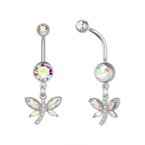 Detailed views of a dragonfly belly ring with shimmering zircon and silver curved bar