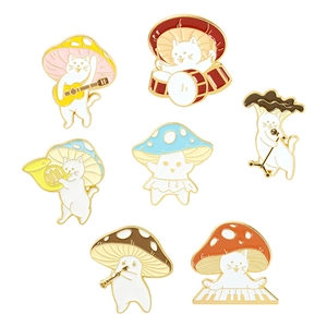 7-piece set of cartoon cat and colorful mushroom enamel pins showing musical themes