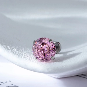 Pink bird-nest-cut zircon stud earring with four-claw silver titanium steel screw back