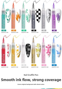Close-up of 12-color acrylic nail graffiti pens showing smooth tips and hand-painted art