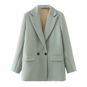 Detail shot of light green blazer with notch lapels, flap pockets and double buttons