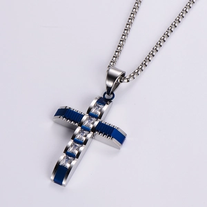 Hip hop silver cross necklace for men with blue stripes and sparkling cubic zirconia stones