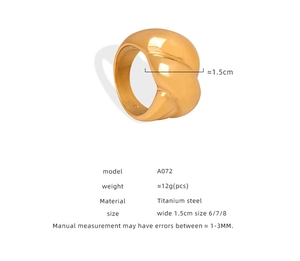 Detail view of a 1.5cm wide gold-plated titanium steel ring with twisted texture